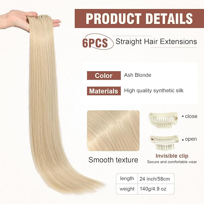 FLUFYMOOZ 6PC Clip in Hair Extensions 24" Straight Long Extensions for Women Synthetic Hairpiece (Ash Blonde)