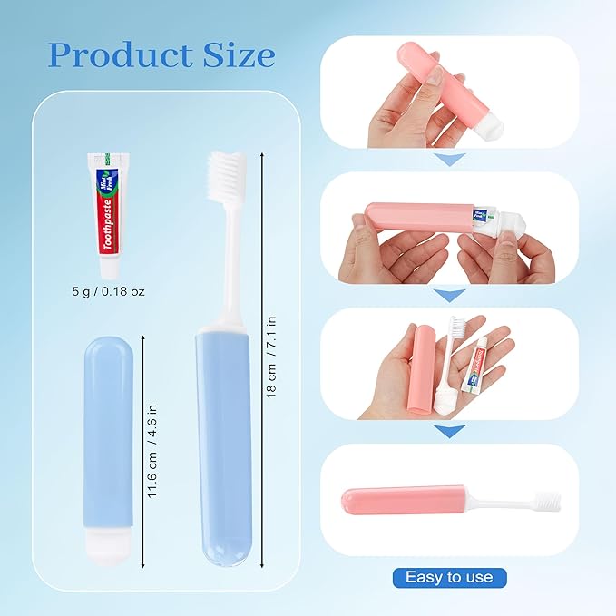 Travel Toothbrush and Toothpaste, Foldable Toothbrush and Toothpaste, Individually Packaged, Foldable for Storage, 5 Colors Available, Ideal for Travel, Business Trips, and Hotels (5-Pack)