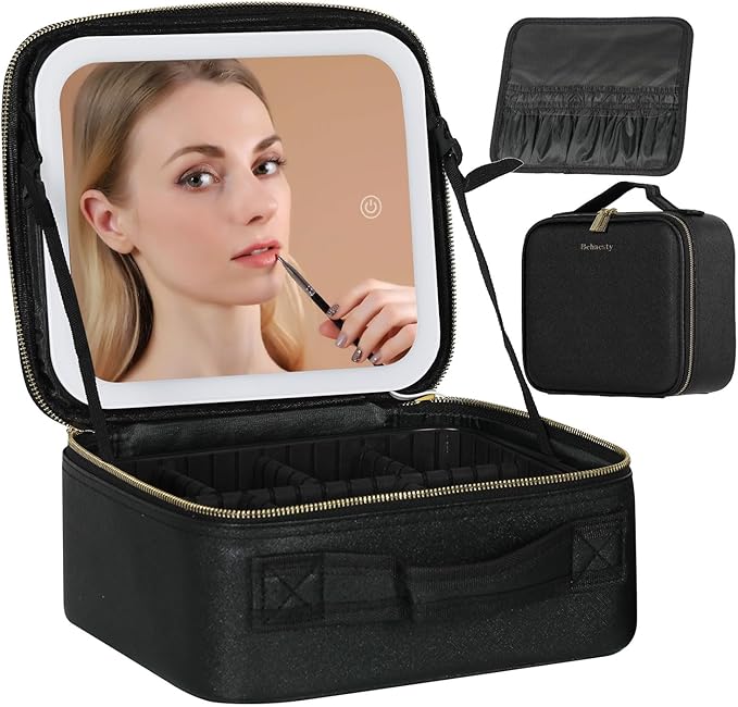 Behaesty Travel Makeup Bag with LED Lighted Mirror, Cosmetic Makeup Organizer Bag with 3 Color Setting, Makeup Train Case with Adjustable Dividers for Women Makeup Brushes Jewelry Accessories (Black)