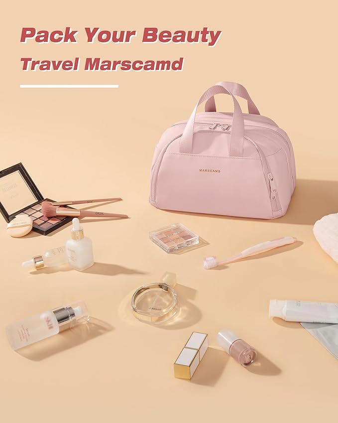 Marscamd Travel Toiletry Bag for Women, Waterproof Makeup & Cosmetic Organizer with Leakproof Pockets for Bathroom or Vanity Use, Pink