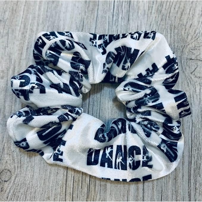 Dance Scrunchie – Soft Velvet Hair Tie with Dancer Print for Girls and Teams – Black and White Dance Accessory and Gift for Recitals, Competitions, Ballet, Jazz, or Cheer