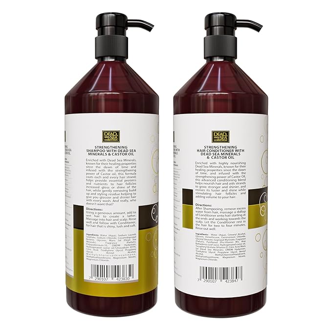 Dead Sea Collection Shampoo and Conditioner Set for Strengthening and Volume - Pure Dead Sea Minerals and Castor Oil – Professional Hair Care - Repair and Shine - Pack of 2 (33.8 & 30.6 Fl. Oz)