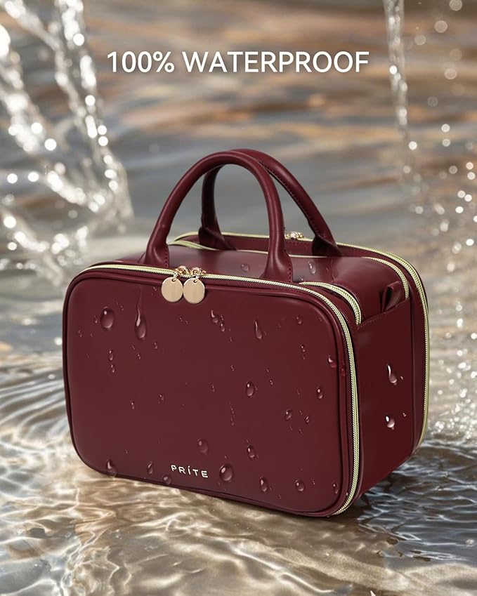 Prite Travel Makeup Bag Women’s Large Capacity Waterproof Cosmetic Organizer Portable Open Flat Toiletry Case with Free-standing Brush Holder and Handle(Burgundy Large)