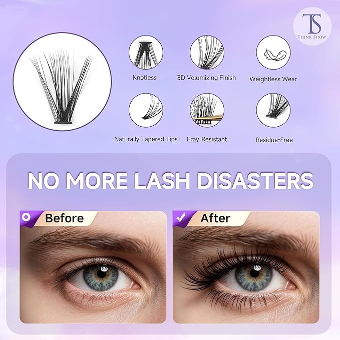 THINK SHOW Lash Clusters Kit 40D 9-16mm 280pcs Natural Eyelash Extension Kit with Bond and Seal,Tweezers,Remover Individual Lashes Clusters for Beginners and Self Use (40D)