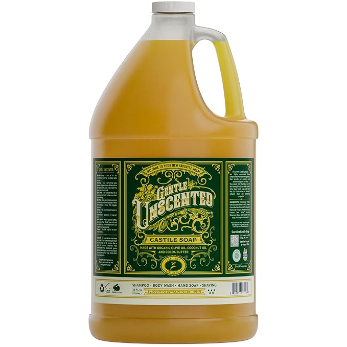 Unscented Liquid Castile Soap – Vegan Organic Soap & Body Wash, High Olive Oil Content, Non-Drying Formula, Great for Sensitive Skin by Carolina Castile, EWG Verified (Unscented, 1 Gallon)