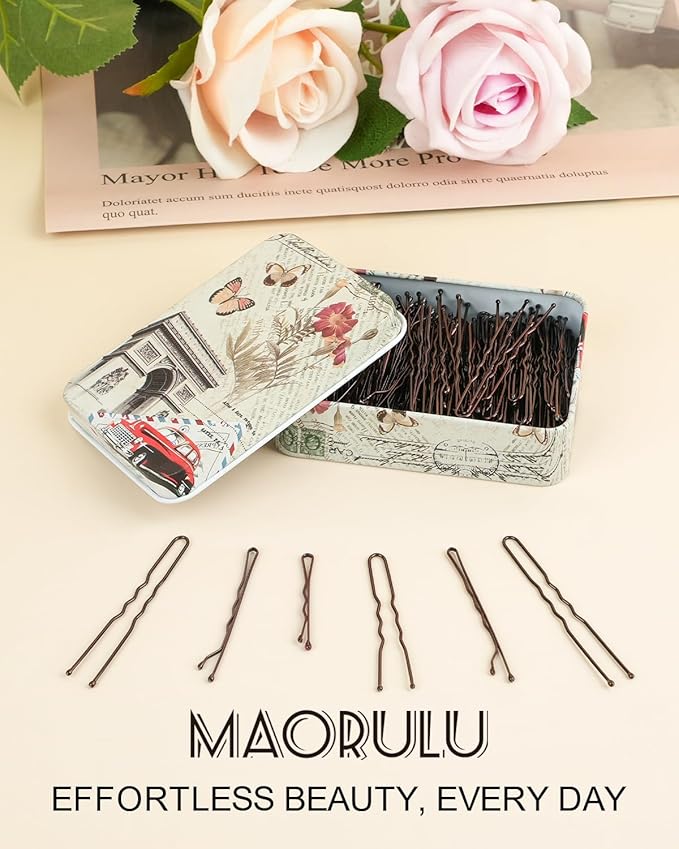 MAORULU Hair Bobby Pins with Cute Case, 250 CT Hair Pins for Buns, Premium U Hair Accessories for Women, Girls and Kids, Great for All Hair Types (Variety U & Bobby Pins Brown)