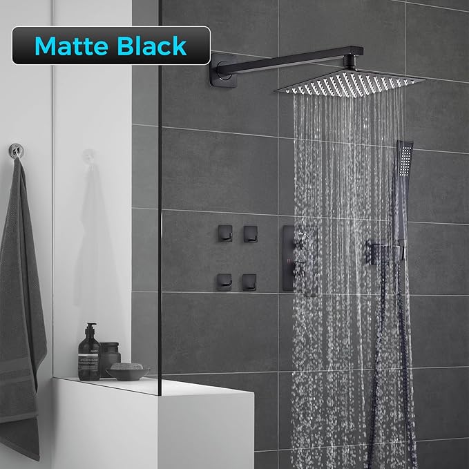 Shower Faucet Set Matte Black Complete Shower System with 8 Inches Rain Shower Head and Handheld Spray Bathroom Rain Shower Faucet Set Rainfall Shower System with Shower Valve（RY3-LYQ2-Black）