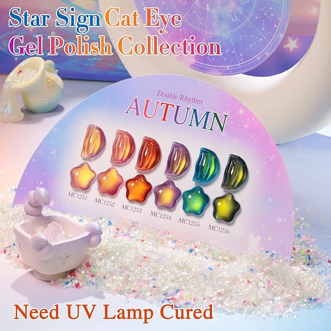 Double Rhythm Cat Eye Gel Nail Polish Set of 6 Same Color Same Bottle 0.5 Oz Shimmer Glitter with Magnet Holographic Reflective Magnetic UV Nail Polish Kit at Home (Golden Autumn Brown-T6-57)