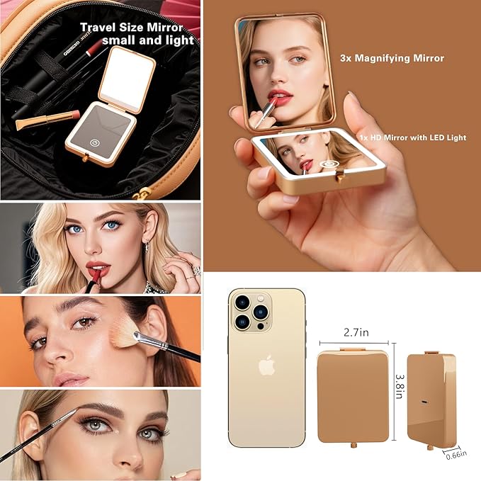 Mini Pocket Mirror,Rechargeable Dimmable 3 Color Lighting 1X/3X Magnification LED Compact Makeup Mirror for Travel, Purse, Portable Folding Handheld,Small Lighted Mirrors for Women Gift (Beautiful)