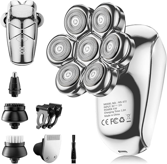 Detachable Head Shavers, SHPAVVER 5 in 1 Electric Razor IPX7 Waterproof for Bald Men, Wet Dry LED Display Rechargeable 7D Rotary Shaver Grooming Kit with Type C Charge A，Bright Silver