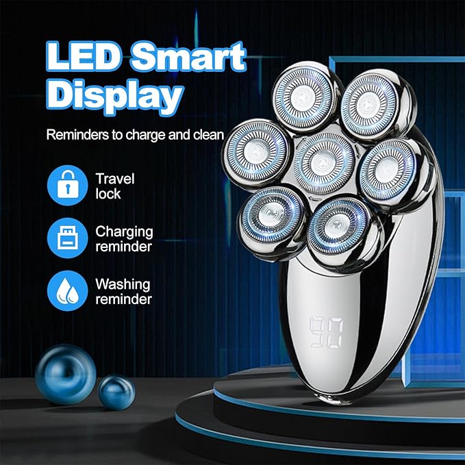 Head Shavers for Bald Men, 5-in-1 Electric Shaver, 7D Rotary Shaver, Wet/Dry Shaver, LED Display, Rechargeable Shaving Grooming Set, Suitable for Head and Face Shavers, IPX6 Waterproof