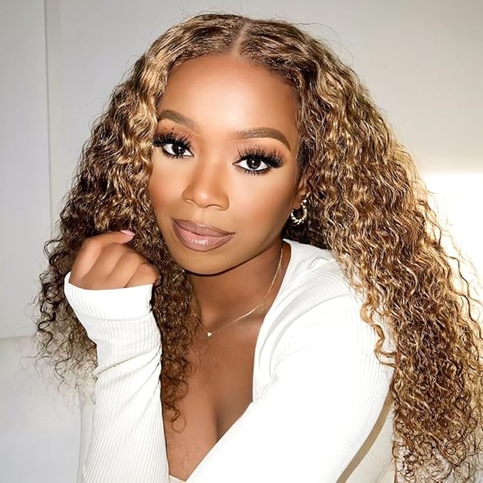 Balayage Highlight Wear and Go Glueless Wig for Beginners 22 inch, Kinky Curly Glueless Wigs Human Hair Pre Plucked Pre Cut Ombre Blonde 4/27, 6x4 HD Lace Front Wig for Black Women 200% Density