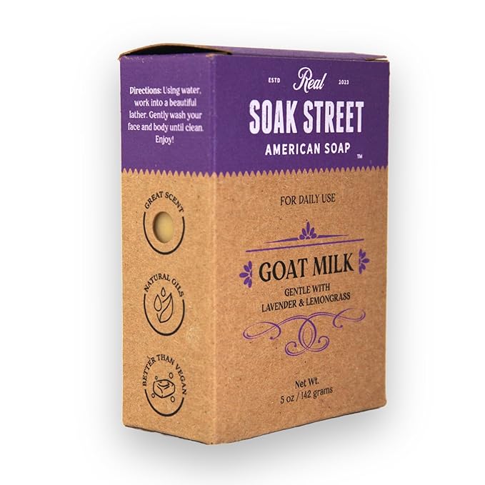 Soak Street Real American Soap with Goat Milk, Lavender & Lemongrass (3 Pack) – Long-Lasting, Moisturizing Natural Bar Soap with Grass Fed-Tallow, Gentle Conditioning Lard, & Coconut Oil – Daily Use