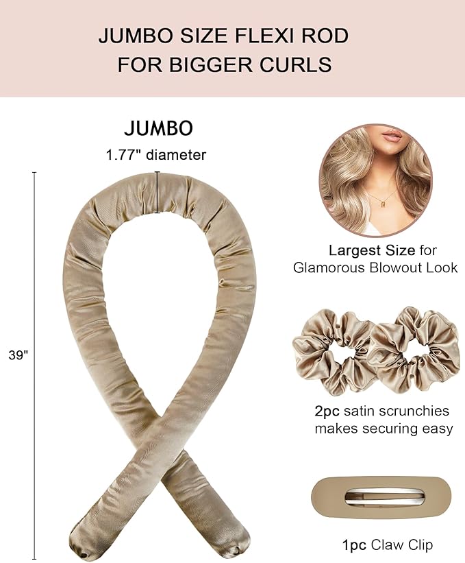 Jumbo Flexi Rods Hair Rollers Curlers to Sleep In Soft Satin Heatless Curling Rod Set, Heatless Curls Overnight Blowout Rods for Long Hair No Heat Overnight Curls, Heatless Hair Curler Curling Iron