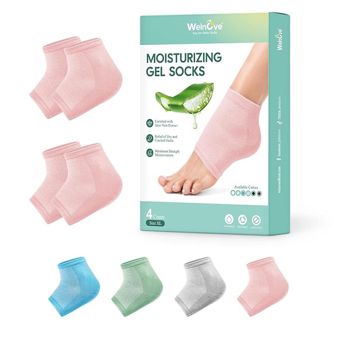 Welnove Moisturizing Heel Socks - 2 Pairs Aloe Vera Extract Infused Gel Lining for Dry Feet - Cracked Heel Repair Treatment - Cotton Socks for Women Men Foot Care (Pink, Extra Large)