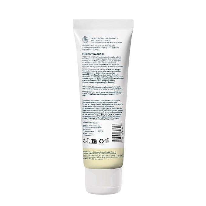 ATTITUDE Body Cream for Sensitive Skin with Oat, EWG Verified, Dermatologically Tested, Vegan, Vanilla Cream Scent, 8 Fl Oz