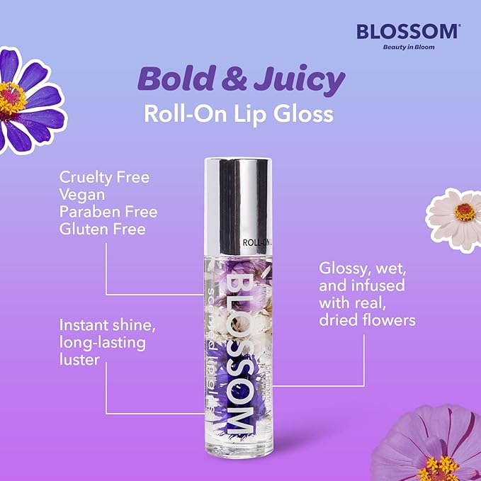 Blossom Roll on Lip Gloss, Scented Clear High Shine Moisturizing Lip Oil, Non Sticky, Infused with Real Flowers, Made in USA, 0.2oz, Coconut