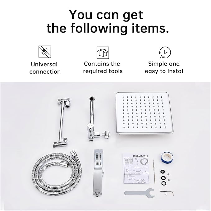 G-Promise All Metal 10 Inches Rain Shower Head with Handheld Built-in Power Wash Mode, 3-way Diverter with Pause Setting, 11 Inches Adjustable Extension Arm with Lock Joint, Long Hose (Chrome)