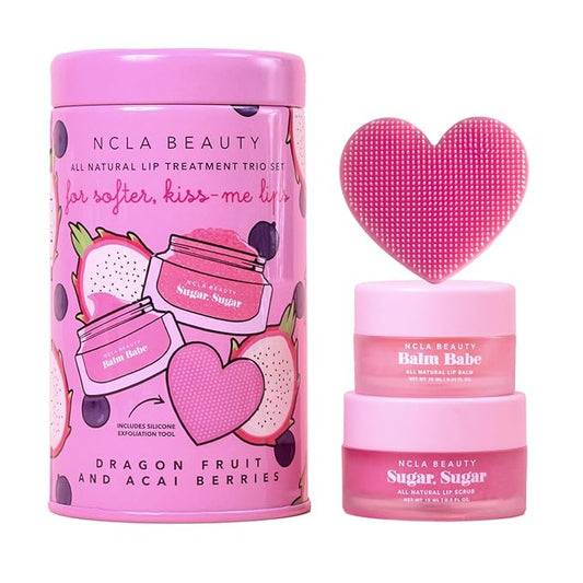 NCLA All Natural Lip Treatment Set - Hydrating Lip Balm - Vitamin C, E, and Agave Sugar Scrub with Silicone Scrubber - Dragon Fruit Acai Berry - 3 pc