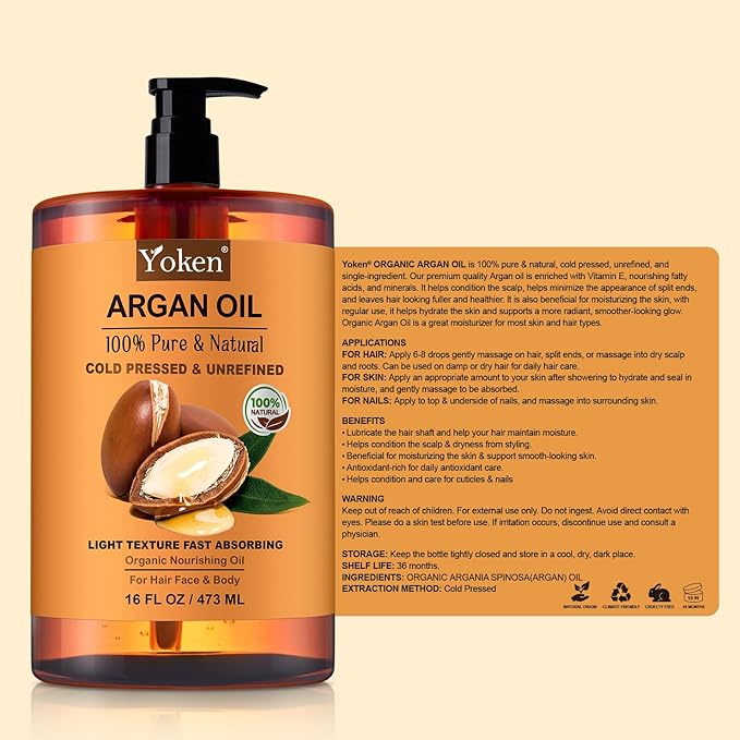 Pure Argan Oil 16 fl oz 100% Natural Cold Pressed Argan Oil for Hair Face Skin Scalp Body Care, Origin from Morocco, Unrefined Fast Nourishing Hair Oil Skin Moisturizer Carrier Oil