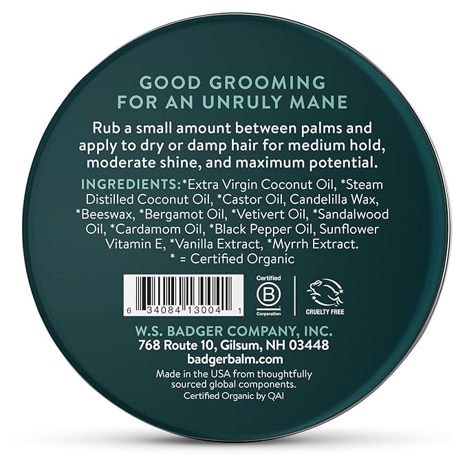 Badger Hair Pomade for Men, Organic, Easy to Use, Subtle Masculine Scent, Medium Hold Hair Pomade with Medium Shine Finish, Nourishes Hair & Scalp 2 oz Tin
