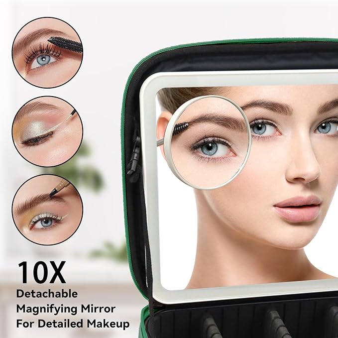 SLUMAZI Travel Makeup Bag with LED Mirror and 10x magnifying glass with 3 Lighted Settings, Adjustable Dividers and Makeup Brush Storage Bag Dark Green