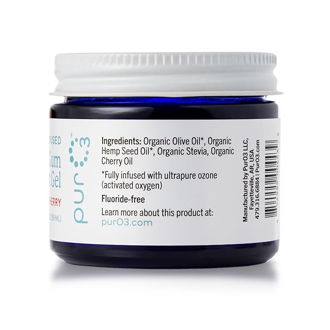 PurO3 Ozone Tooth & Gum Support – Ozonated Organic Olive Oil & Essential Oils for Complete Oral Care & Fresh Breath, Natural Fluoride-Free Solution for Deep Cleaning, Sweet Cherry, 2 Fl Oz Gel