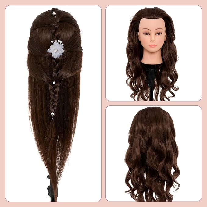 28Inch Mannequin Head Human Hair 60% Real Hair - Mannequin Head Cosmetology with Hair Doll head for hair Styling Braiding Curling, with Table Clamp Styling Set (Dark Brown)