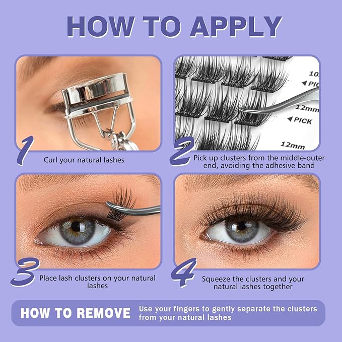 Self Adhesive Eyelashes 240 PCS Clusters Kit Lash Clusters DIY Eyelashes Pre Glued No Glue Needed No Remover No residue 8-16mm Thick Individual Lashes