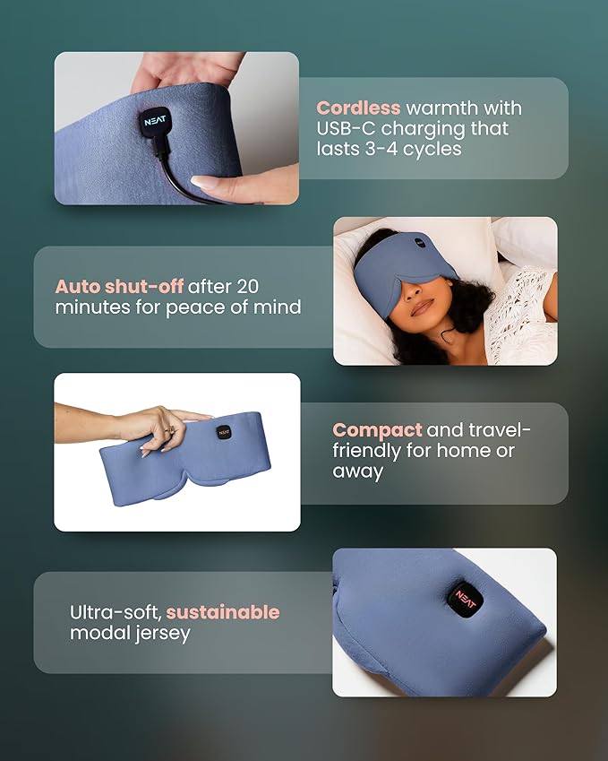 Neat Sunday Heated Eye Mask - Cordless Eye Mask for Dry & Tired Eyes - 4 Adjustable Temperature Settings - Rechargeable and Light Blocking, Washable Cover for Cleaning (Ocean Stone)