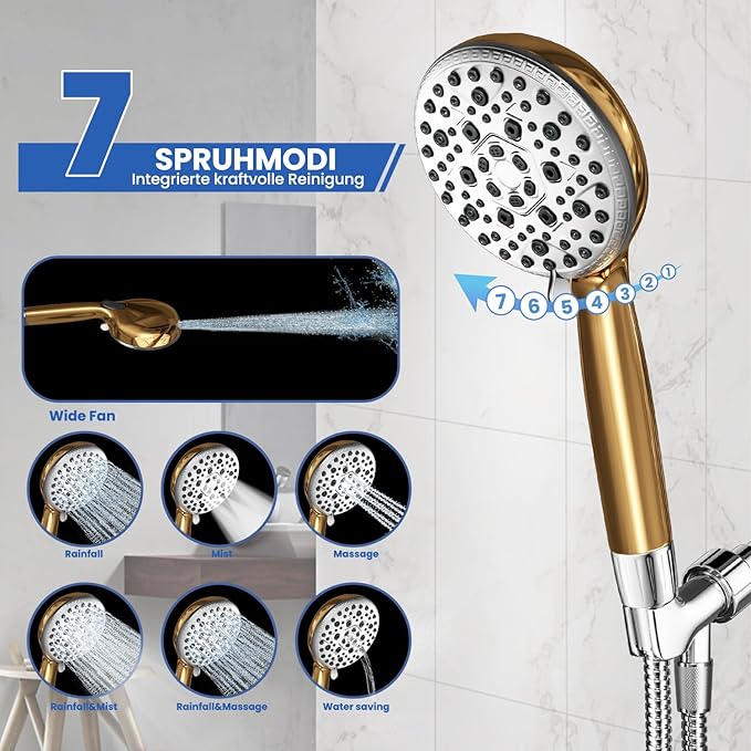 Shower Head with Handheld, Shower Heads High Pressure, Shower Head with Filter-Hand Held Showerhead Set,7 Modes Filtered Showerhead with 59″Replacement Hose/Bracket/Filters (gold)