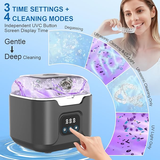 Ultrasonic Retainer Cleaner Machine, 48kHz Ultrasonic Dentures Cleaner with Timer & 4 Modes, 240ML Dental Pod for Mouth Guards, Braces, Aligner, Toothbrush, Jewelry, Makeup tool (Black)