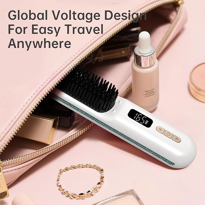 Cordless Hair Straightener Brush, Go Brush Pro, Portable Crystal Diamond Bling Mini Straightening Brush for Travel, Negative Ion Hot Comb with 9 Temps, Anti-Scald Ceramic, Fast Charging for Women