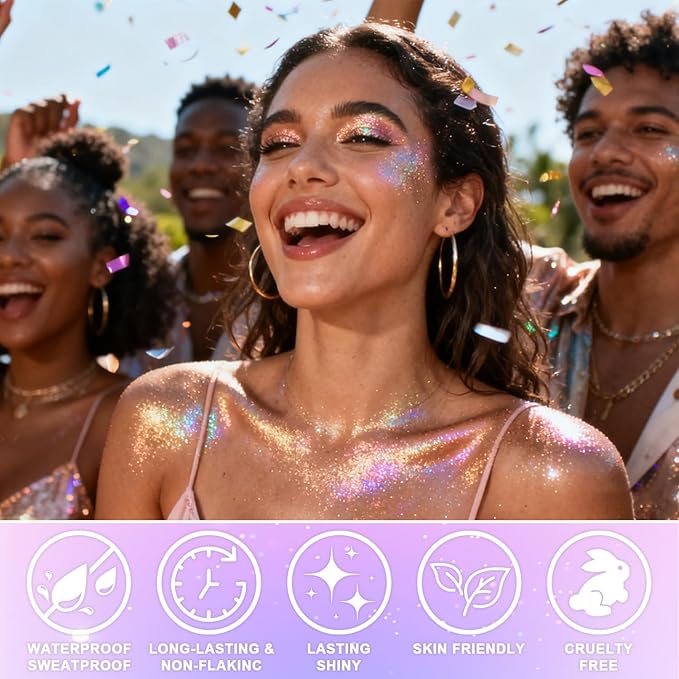 Roll-on Holographic Glitter Gel for Face & Hair, Sparkling Pink Shimmer Makeup, Color Changing Body Glitter for Festivals, Parties & Halloween, Chunky Mermaid Sequins Body Shimmer for Women(Champagne)