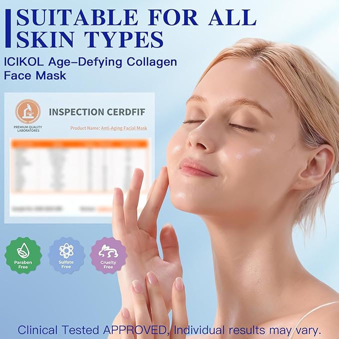 ICIKOL Deep Hydrolyzed Collagen Face Mask, 4 Pack - Age-Defying Sheet Mask with Peptides & Hyaluronic Acid, Restores Skin Elasticity & Firmness for Women