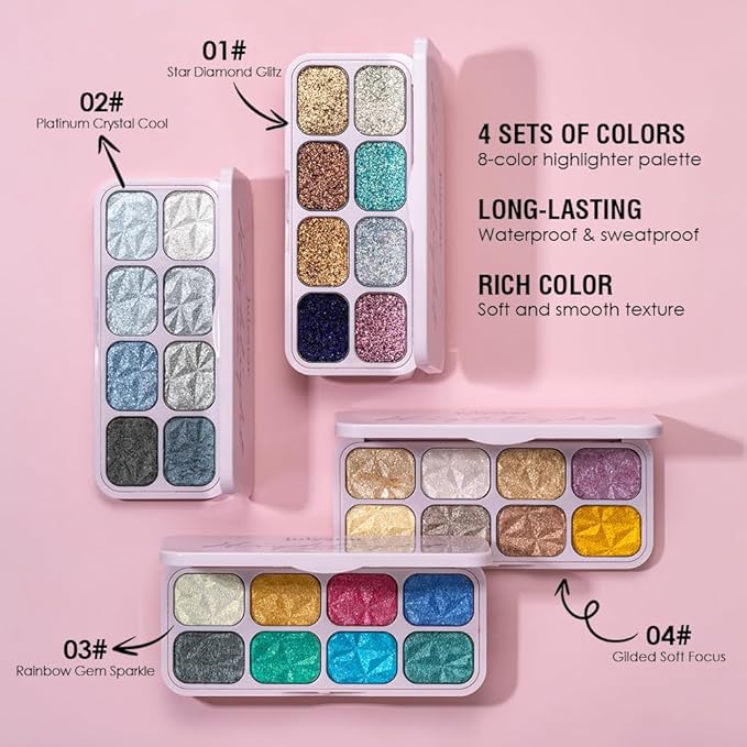 8-Color Glitter Eyeshadow Palette, Rainbow Gem Sparkle, Vibrant Multicolor Shimmer Shades, Waterproof Long-Lasting Formula, Smooth Pigmented Eye Makeup for Creative Looks