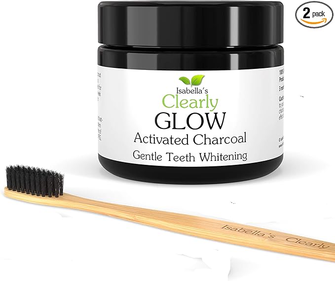 Glow Teeth Whitening Activated Charcoal Powder + Soft Bamboo Toothbrush | Pure, Natural, Food Grade, Non GMO, Made in USA | Whiten Teeth Naturally