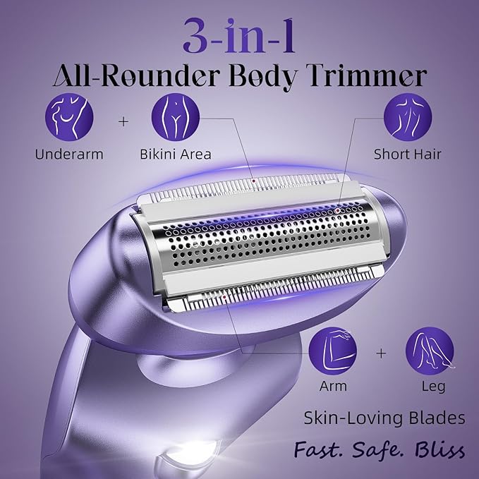 Cordless Electric Razors for Women: Rechargeable Painless Bikini Trimmer for Body Hair - IPX7 Waterproof Shaver with LED Display for Face/Underarm/Leg Deep Purple