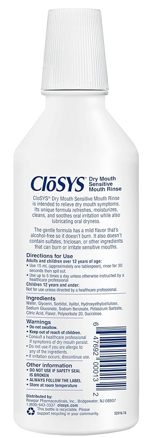 CloSYS Dry Mouth Mouthwash Rinse, 16oz, Alcohol-Free, pH Balanced, Dry Mouth Relief, Mild Mint Flavor