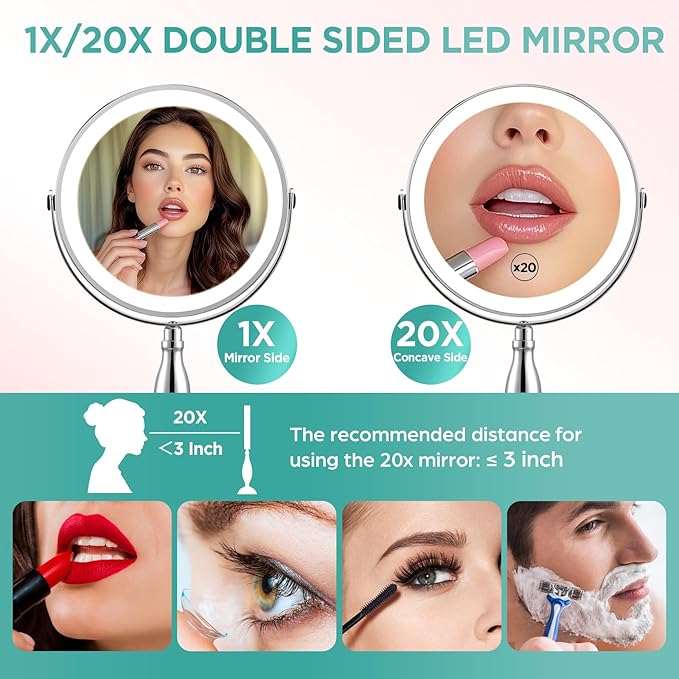 Makeup Mirror with Lights, 20X Magnifying Mirror with Light and Side Charging & Side Touch Switch, Vanity Mirror with 3 Color Light and 2-Side 360° Rotation Double Sided Standing Desk Mirror