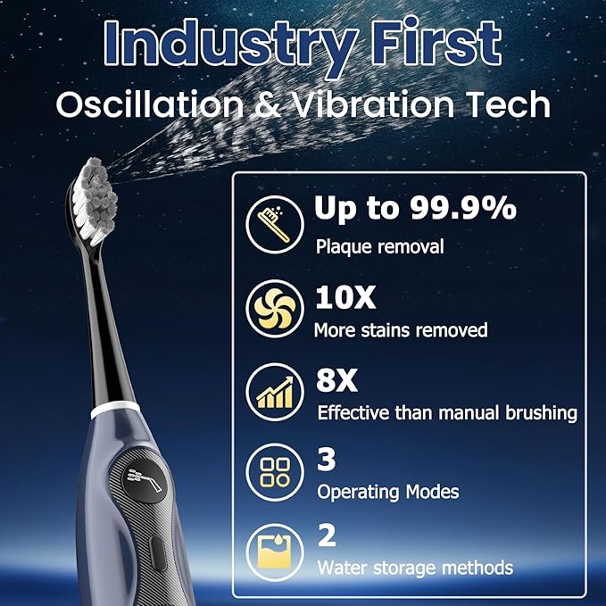 OILSAO 3-in-1 Flossing Toothbrush-Flosses, Vibrates and Oscillates, Electric Toothbrush with Water Flosser Equipe 5 Brush Heads, Plaque Removal for Sensitivity, Braces-Blue