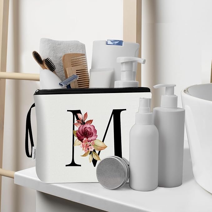 Vavabox A-Z Personalized Makeup Bag, Birthday Gifts for Women Mom, Gifts for Best Friend, Bride Bridesmaid Cosmetic bag (M, 03-White Set)