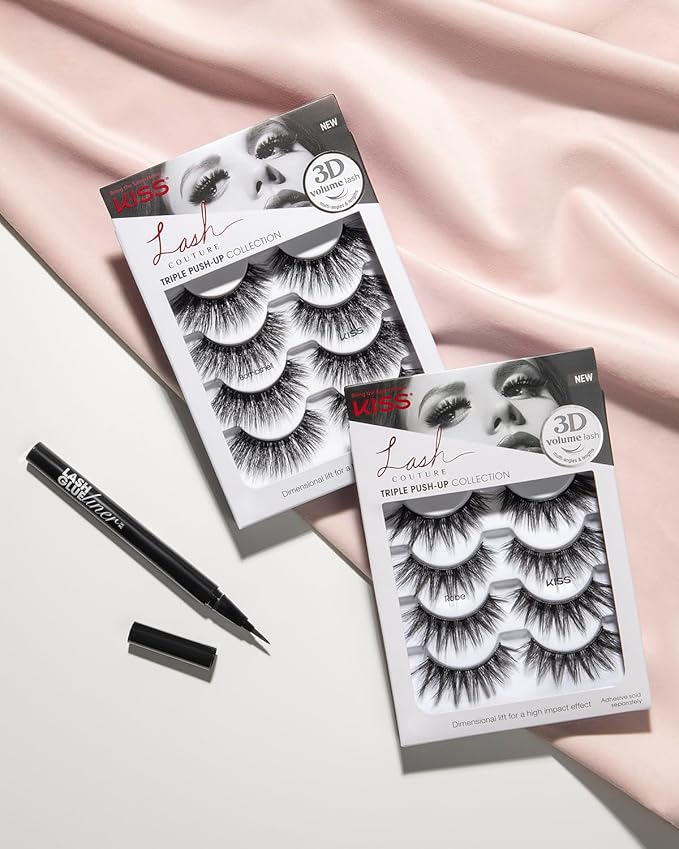 KISS Lash Couture Triple Push-Up False Eyelashes, Bombshell', 14 mm, Includes 4 Pairs Of Lashes, Contact Lens Friendly, Easy to Apply, Reusable Strip Lashes (Pack of 2)