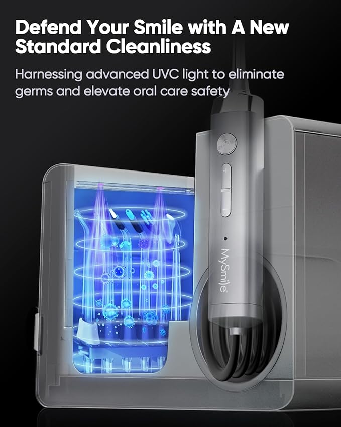 MySmile LP233 Pro UVC Sterilizable Countertop Water flossers for Teeth 800ML Digital Display Electric Oral Irrigator with a Water Filter 3 Modes and 6 Jet Tips (Lightning Silver)