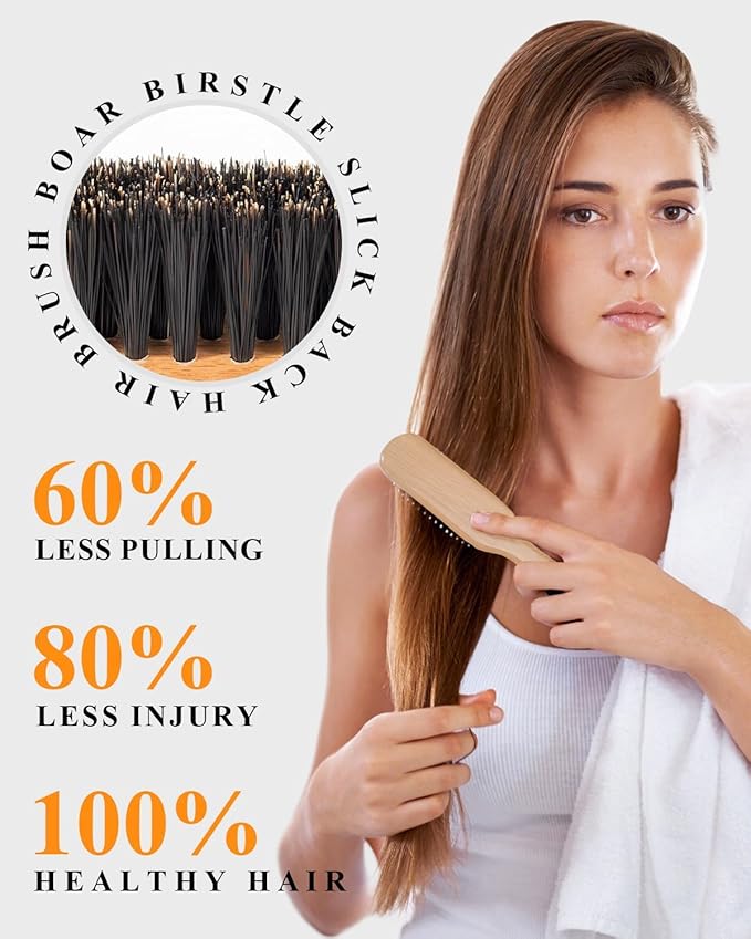 Boar Bristle Slick Back Hair Brush, Rat Tail Comb Set - Soft Bristle Smoothing HairBrush for Women & Men with Fine/Medium Hair - Wooden Teasing Brush - Tames Frizz, Sleek Flyaways, Style Edges