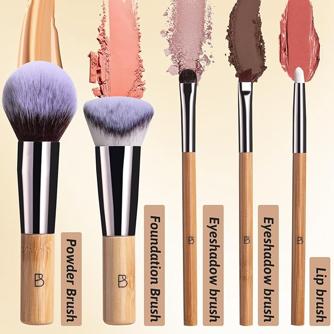 BS-MALL Travel Makeup Brushes Premium Synthetic Foundation Powder Concealers Eye Shadows 7 PCS with Triangle Puff & Storage Bag (Bamboo)