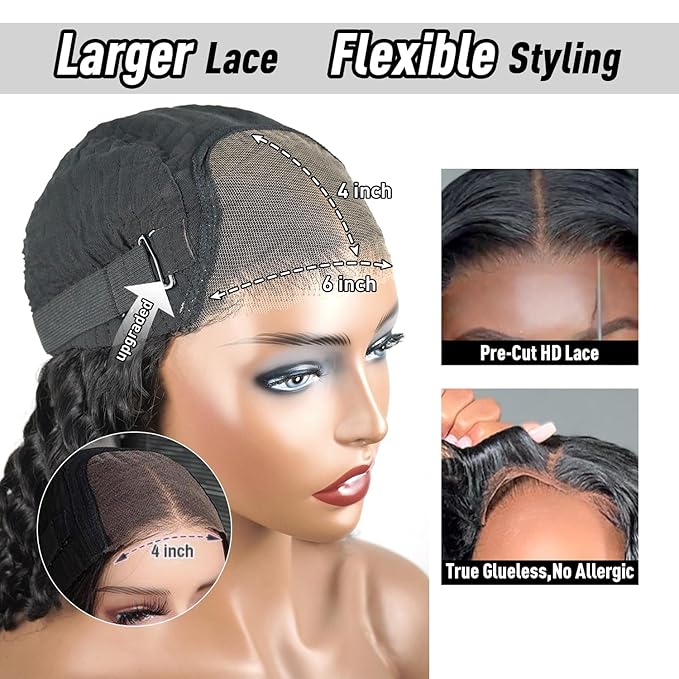Wear and Go Glueless Wig Deep Wave, Glueless Wigs Human Hair Pre Plucked Pre Cut, 6x4 SKINLIKE Real HD Lace Front Closure Ready to Wear Wig Loose Curl 200% Density 28 inch