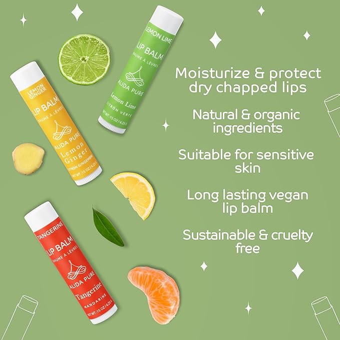 ALIDA PURE Citrus Lip Balm Collection, Vegan Set, Bees Wax Free, Coconut Oil Free, with Organic Jojoba and Avocado Oil, Vitamin E, Natural Moisturizer For Dry Cracked Lips, 3 Tube Set
