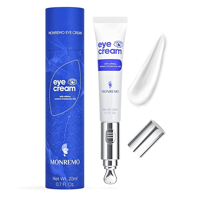 MONREMO Under Eye Cream with Caffeine, Turmeric & Hyaluronic Acid | Vibrating Applicator & Snail Mucin | Anti-Aging Treatment to Reduce Wrinkles, Dark Circles, Puffiness, Bags Intense Hydration 0.7 oz