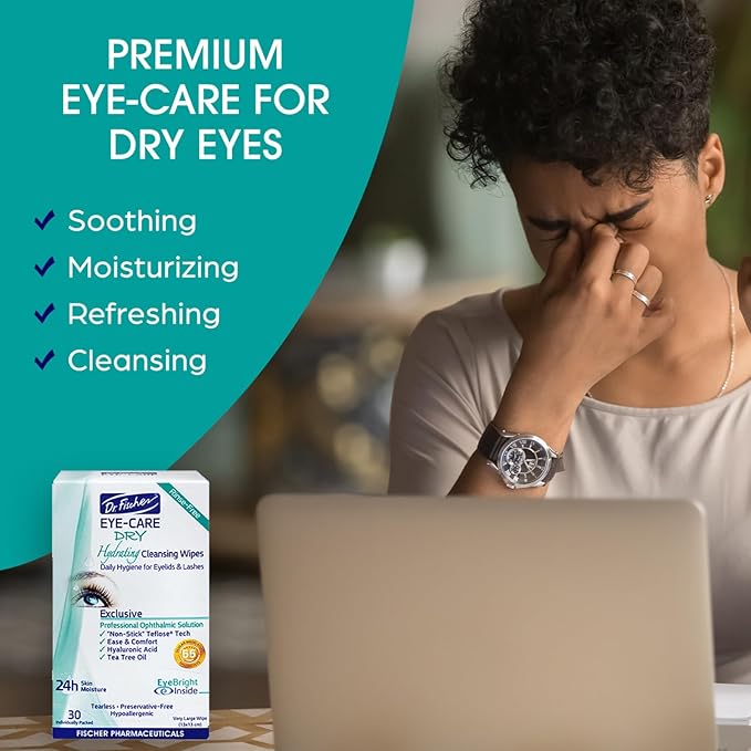 Dr. Fischer Tea Tree Eyelid Wipes - Gentle Eye Wipes for Everyday Dry Eye Relief - Hypoallergenic Makeup Remover (6 packs of 30 wipes each).